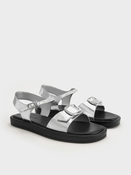 Metallic Buckled Slingback Sandals, Silver, hi-res