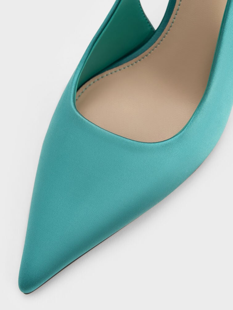 Satin Teardrop-Crystal Stiletto-Heel Slingback Pumps, Teal, hi-res