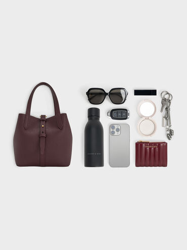 Beryl Recycled Leather Double-Handle Belted Bucket Bag, Wineberry Red, hi-res