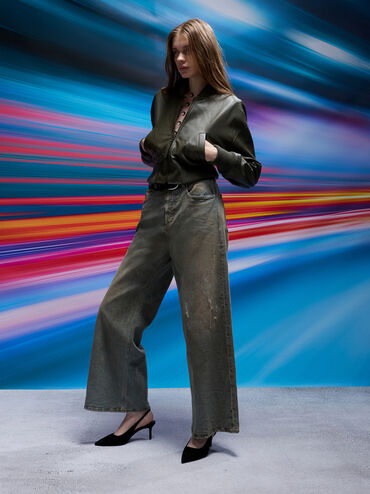 Kaia Faux Suede Pointed-Toe Slingback Pumps, Black Textured, hi-res