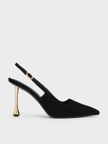 Faux Suede Sculptural-Heel Pointed-Toe Pumps, Black Textured, hi-res