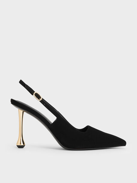 Faux Suede Sculptural-Heel Pointed Pumps, Black Textured, hi-res