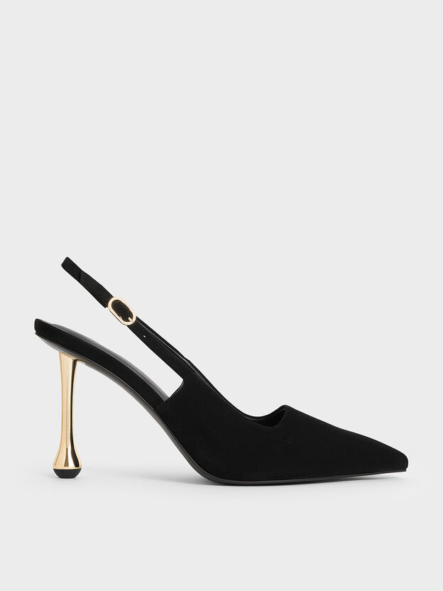 Faux Suede Sculptural-Heel Pointed Pumps, Black Textured, hi-res