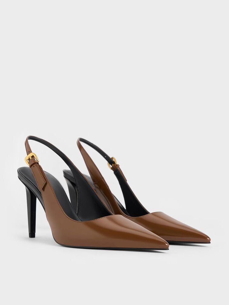 Cone-Heel Pointed-Toe Pumps, Brown, hi-res