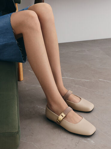 Lando Two-Tone Metallic-Buckle Mary Jane Flats, Chalk, hi-res