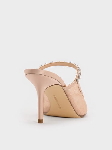 Lace & Satin Crystal Heeled Mules, Nude, hi-res