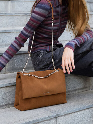 Sianna Recycled Suede Chain-Handle Shoulder Bag, Sienna Brown, hi-res