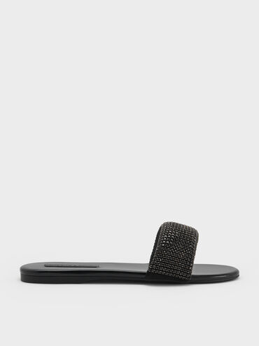 Faux Suede Crystal-Embellished Slide Sandals, Black Textured, hi-res