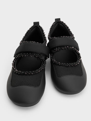 Mesh Pearl-Embellished Mary Jane Sneakers, Black Textured, hi-res