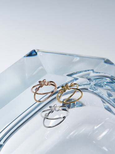 Felicity Flower-Motif Crystal Crossover Ring, Rose Gold, hi-res