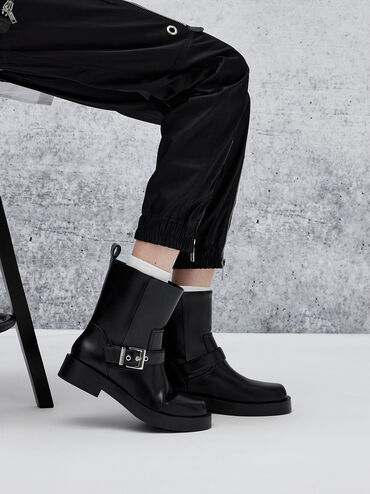Buckle-Strap Biker Boots, Black, hi-res