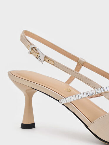 Recycled Polyester Crystal-Embellished Slingback Pumps, Champagne, hi-res