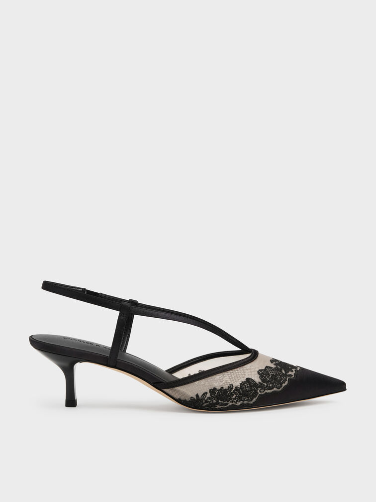 Satin Embroidered-Mesh Slingback Kitten Heels, Black Textured, hi-res