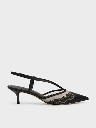 Satin Embroidered-Mesh Slingback Kitten Heels, Black Textured, hi-res