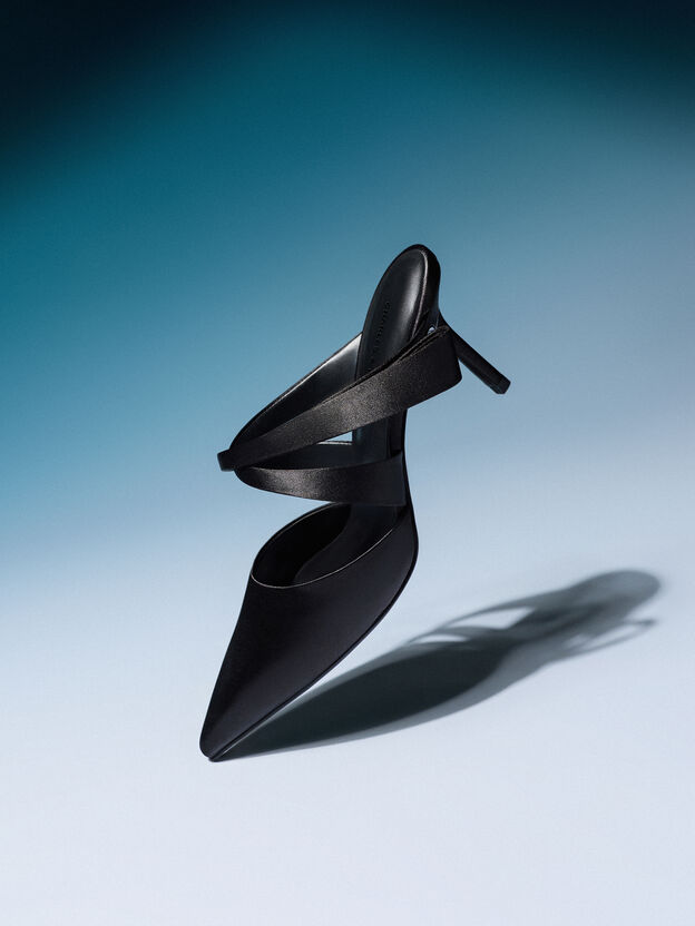 Satin Pleated-Strap Heeled Mules, Black Textured, hi-res