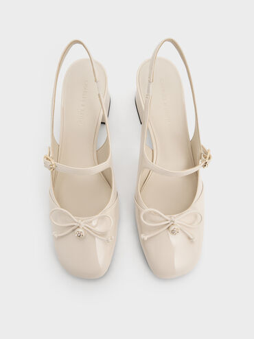 Patent Bow Crystal-Pearl Slingback Mary Jane Pumps, Chalk, hi-res