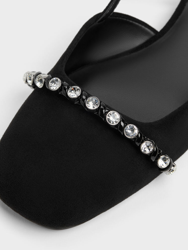 Faux Suede Crystal Mary Jane Slingback Flats, Black Textured, hi-res