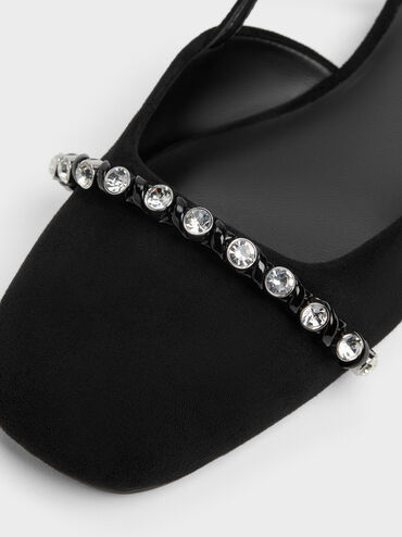 Faux Suede Crystal Mary Jane Slingback Flats, Black Textured, hi-res