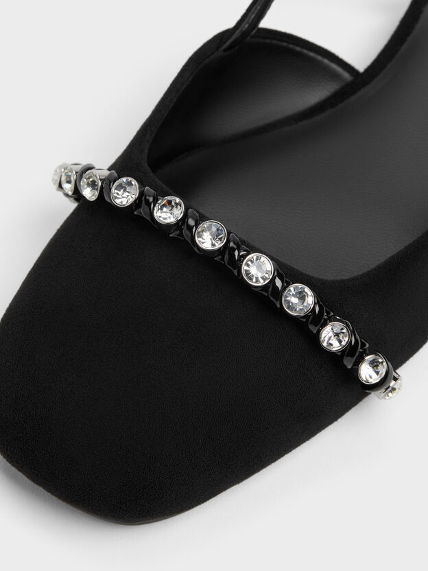 Faux Suede Crystal Slingback Flats, Black Textured, hi-res