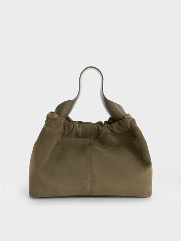 Ally Recycled Suede Ruched Slouchy Chain-Handle Bag, Deep Olive, hi-res