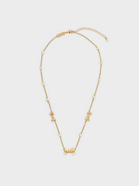 Paige Bow Crystal Necklace, Gold, hi-res