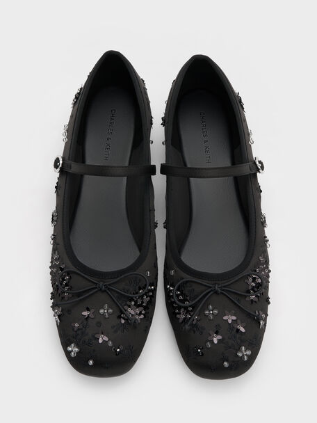 Sadira Satin Embroidered Sequinned Mary Jane Flats, Black Textured, hi-res