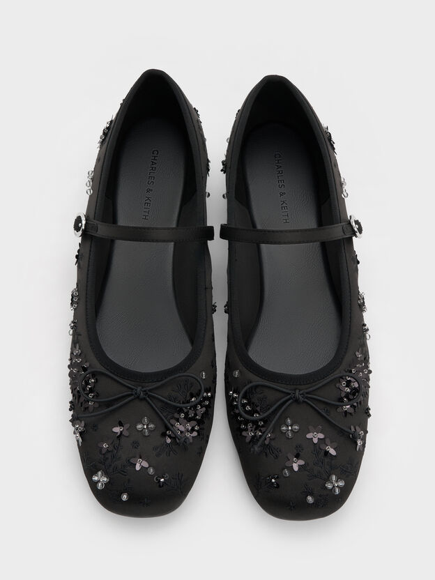 Sadira Satin Embroidered Sequinned Mary Jane Flats, Black Textured, hi-res