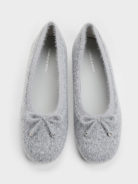 Knitted Bow Ballet Flats, Light Grey, hi-res