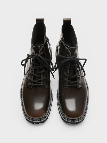 Ridged-Sole Side-Zip Combat Boots, Dark Brown, hi-res