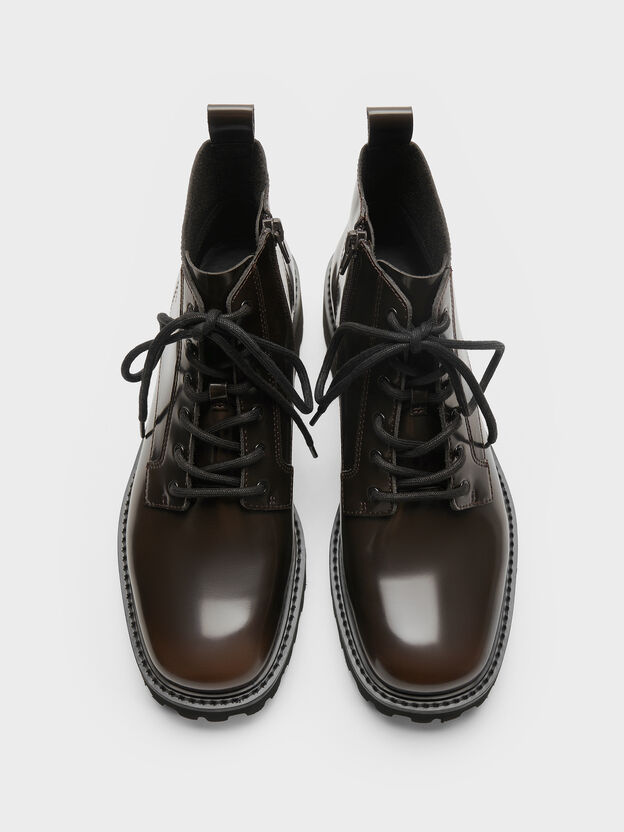 Ridged-Sole Side-Zip Combat Boots, Dark Brown, hi-res