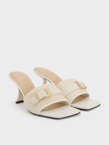 Whitney Leather & Raffia Buckled Heeled Mules, White, hi-res