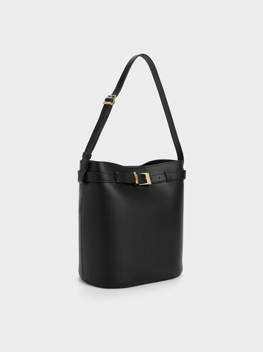 Jody Leather Belted Bucket Bag, Black, hi-res