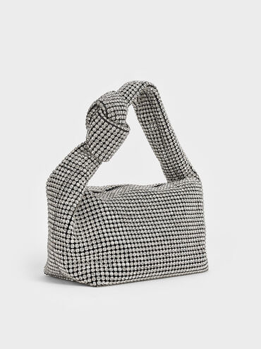 Crystal-Embellished Knotted-Strap Shoulder Bag, Silver, hi-res