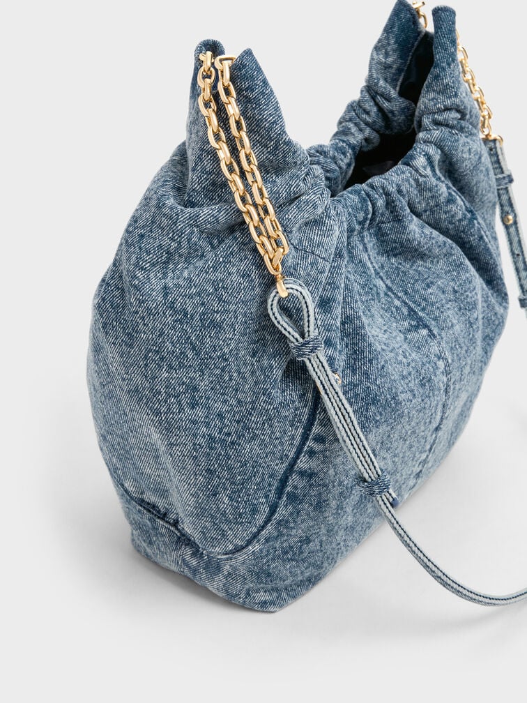 Ciara Denim Ruched Hobo Bag, Denim Blue, hi-res