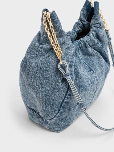 Ciara Denim Ruched Hobo Bag, Denim Blue, hi-res