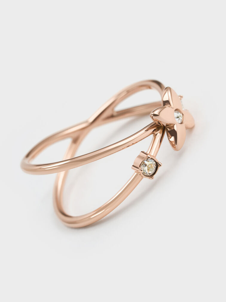 Felicity Flower-Motif Crystal Crossover Ring, Rose Gold, hi-res