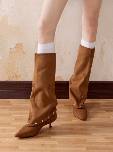 Gael Faux Suede Studded Convertible Kitten-Heel Knee-High Boots, Brown, hi-res