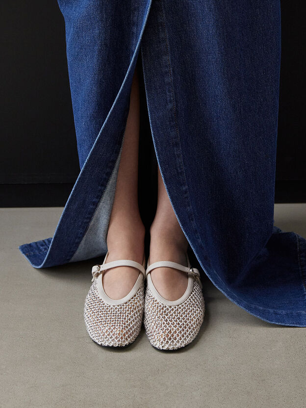 Maggie Mesh Crystal Mary Janes, White, hi-res