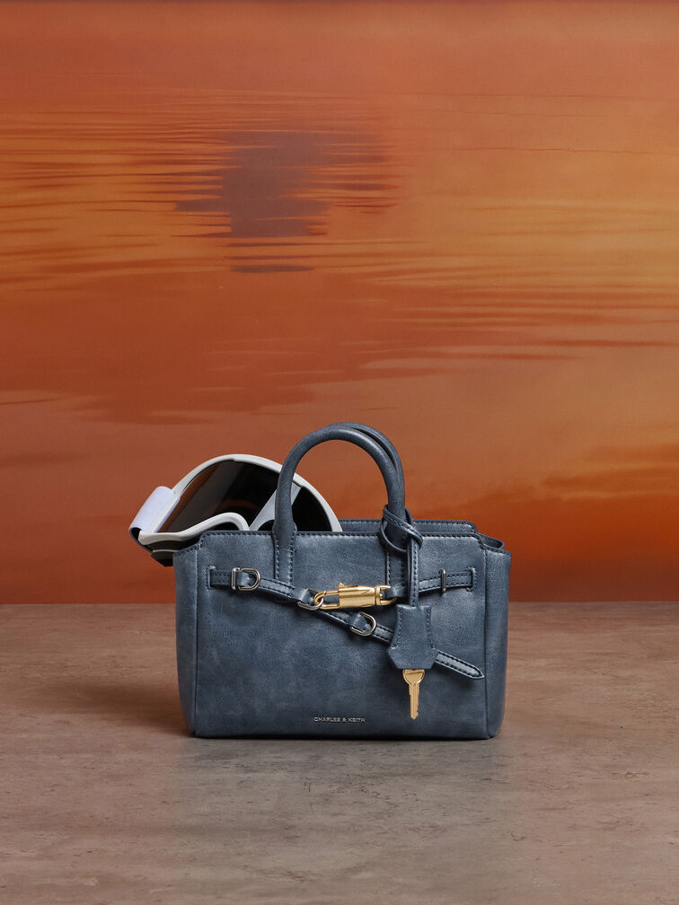 Mini Delfina Belted Tote Bag, Distressed Midnight Blue, hi-res