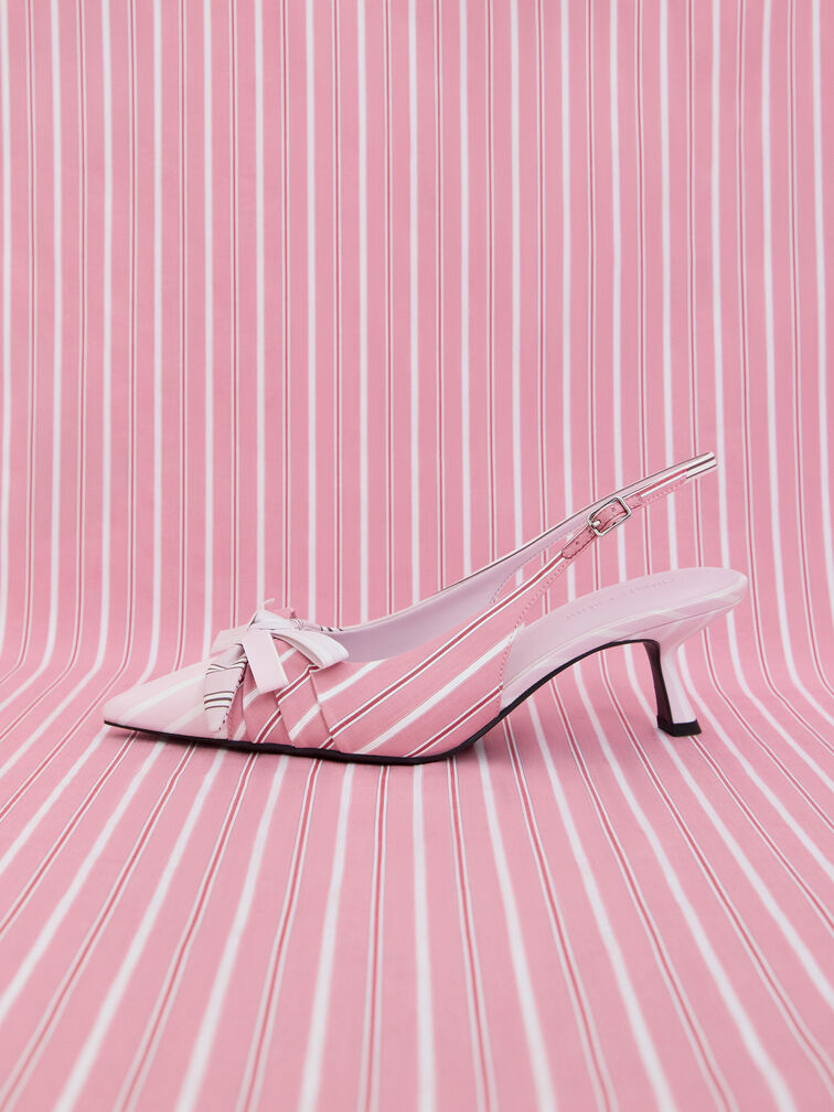 Striped Knot-Bow Pointed Slingback Pumps, Light Pink, hi-res