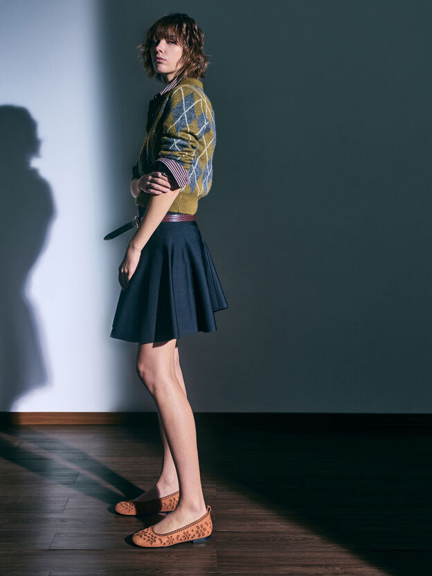 Leather Embroidered Ballet Flats, Cognac, hi-res