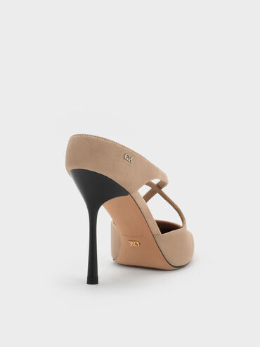 Kyra Suede Crossover-Strap Stiletto-Heel Mules, Taupe, hi-res