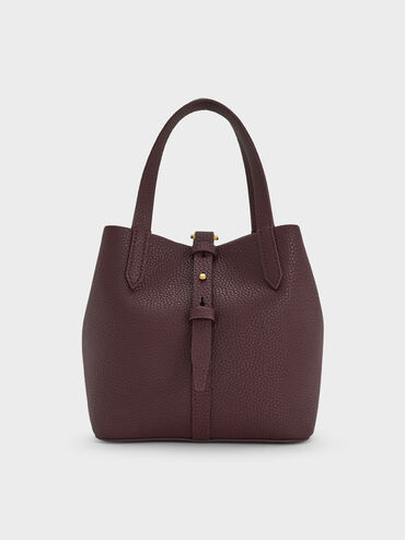 Beryl Recycled Leather Double-Handle Belted Bucket Bag, Wineberry Red, hi-res