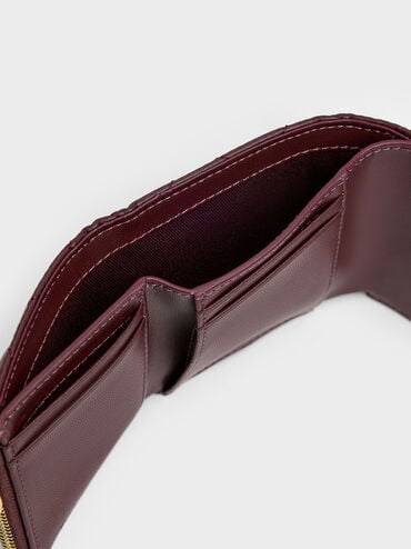 Arrietty Quilted Bow-Heart Charm Curved-Flap Wallet, Wineberry Red, hi-res