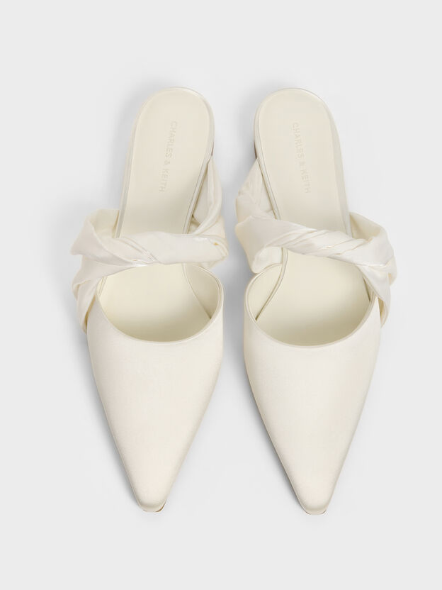 Satin Twisted-Strap Pointed Mules, White, hi-res