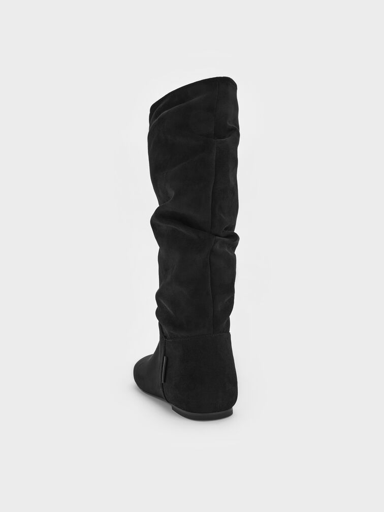Faux Suede Ruched Knee-High Boots, Black Textured, hi-res