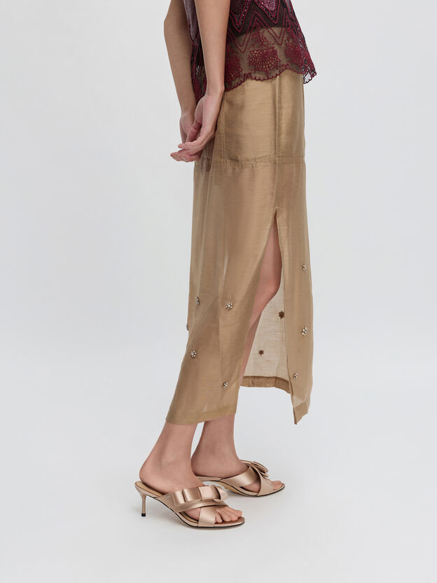 Pleated-Bow Heeled Mules, Nude, hi-res