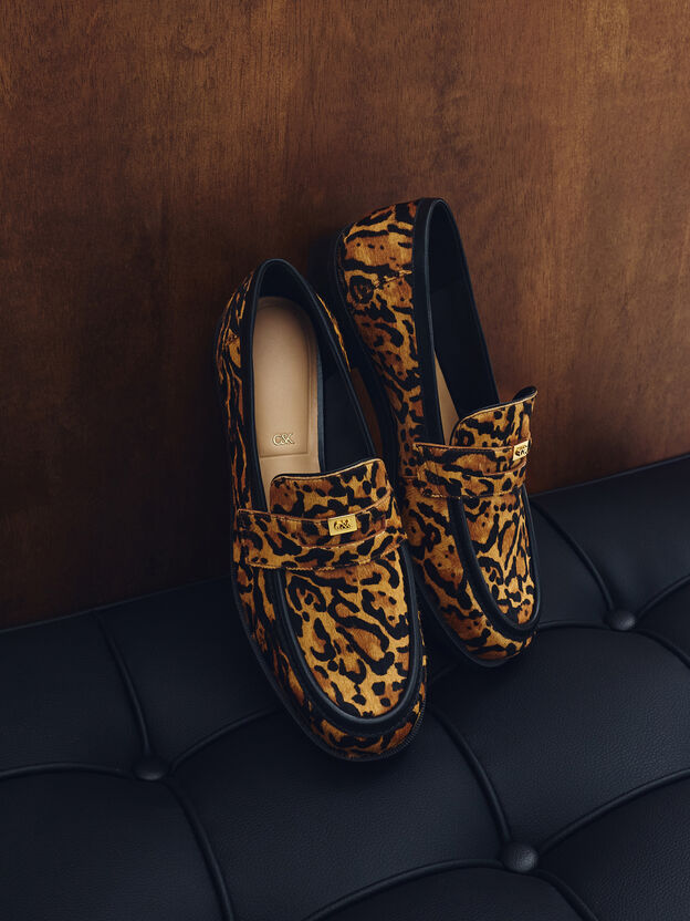 Georgina Calf Hair Leopard-Print Penny Loafers, Animal Print Brown, hi-res