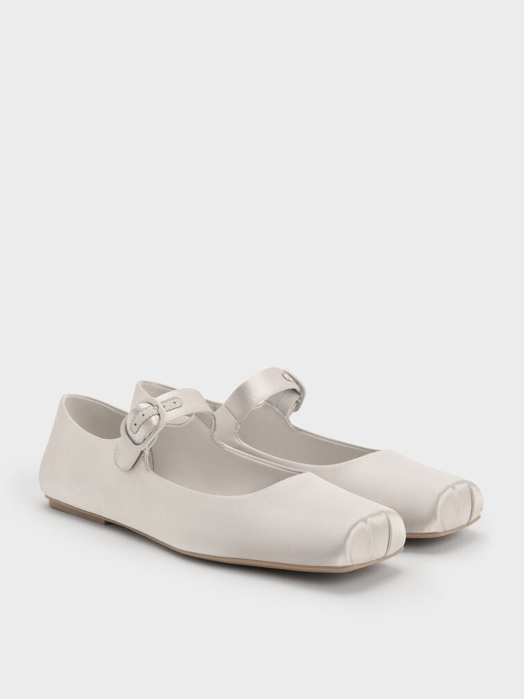 Satin Buckled Square-Toe Mary Jane Flats, Light Grey, hi-res