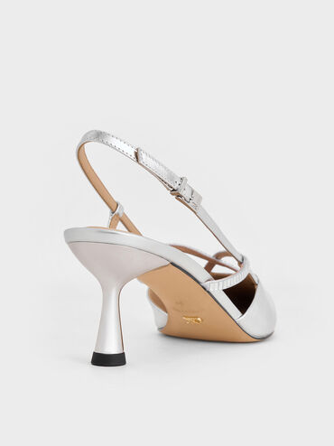 Metallic Leather & Satin Crystal-Embellished Slingback Pumps, Silver, hi-res